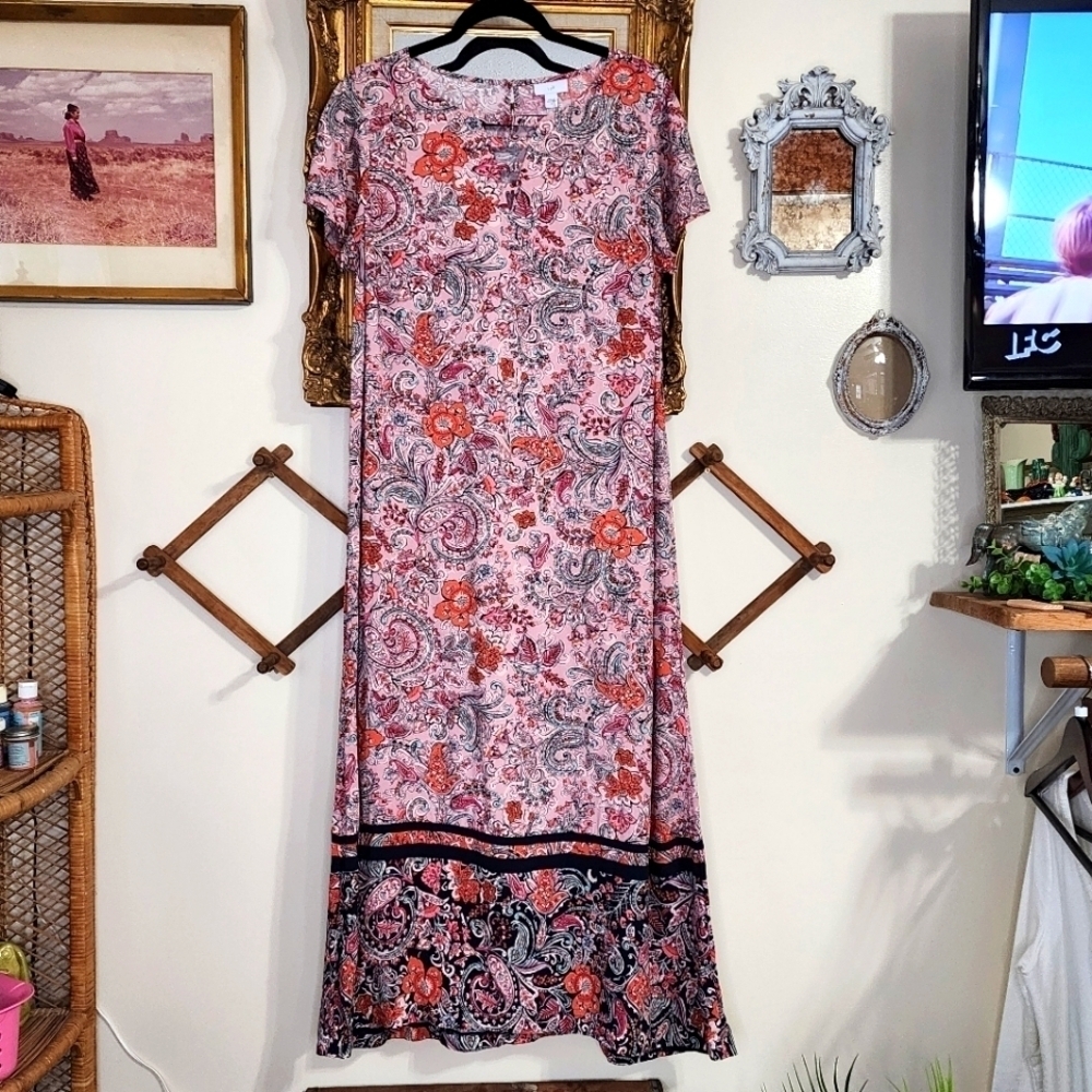 J Jill Boho Dress Full Length Maxi Short Sleeve Floral Rayon Paisley Size Med.